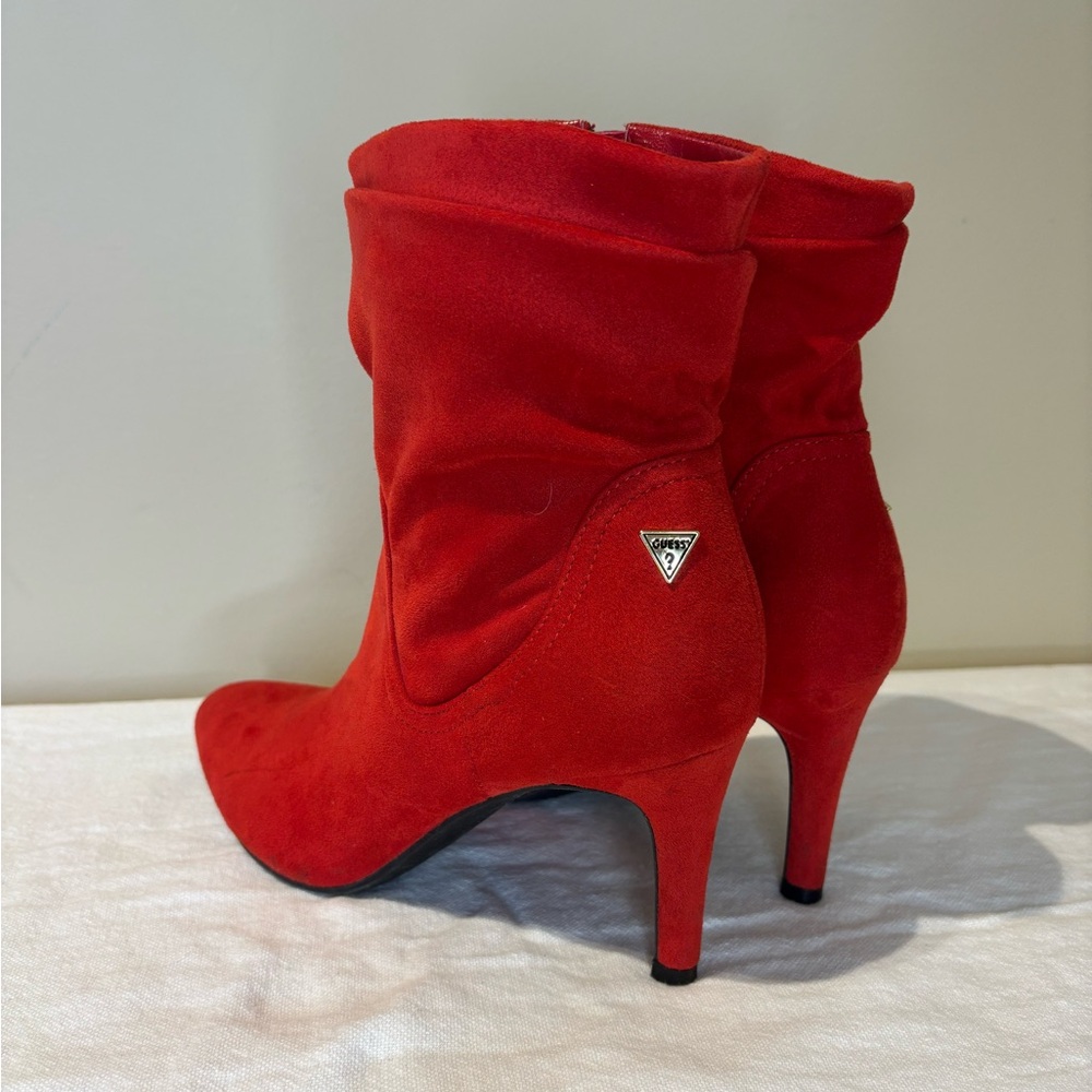 GUESS Red Faux Suede Pointed Toe Slouchy Ankle Boots